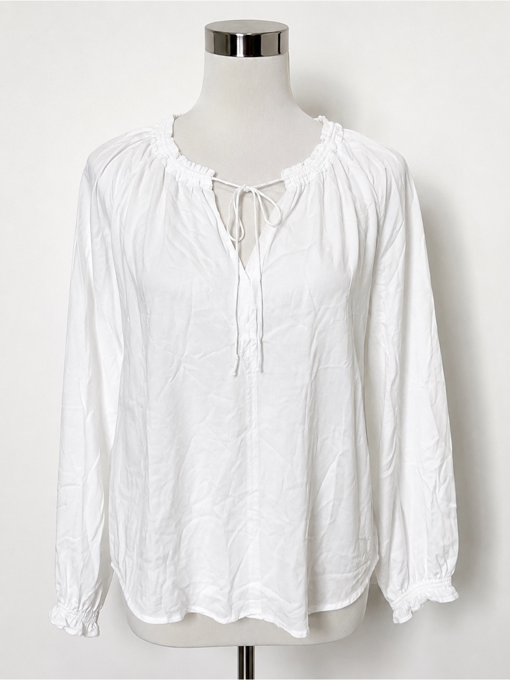 Velvet White Ruffled Tie-Neck Blouse